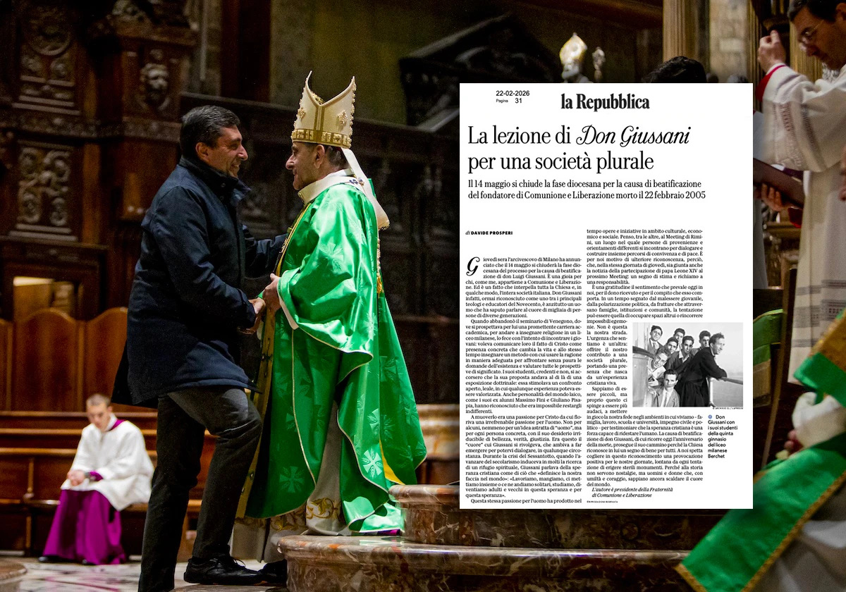 Davide Prosperi saluta l'arcivescovo Delpini al termine della messa per don Giussani giovedì 19 febbraio (©Giovanni Dinatolo). Nel riquadro, l'articolo su Repubblica